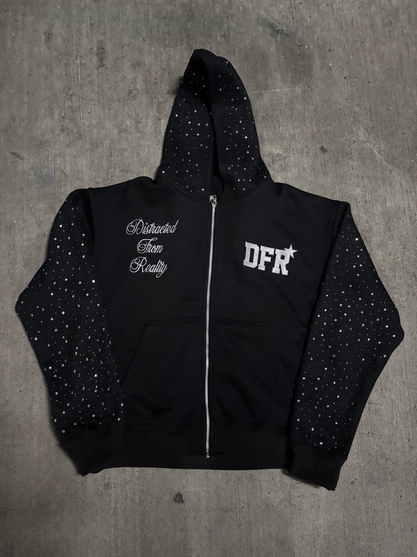DFR Rhinestone Zip Up Hoodie Black (450 GSM)